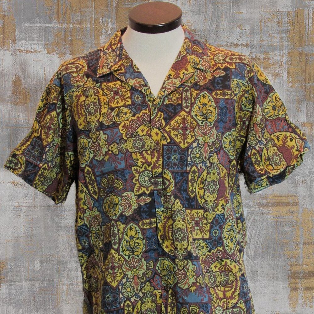 Vintage Kole Kole Hawaiian Mens Shirt Floral All Over Print XL Blue Gold USA